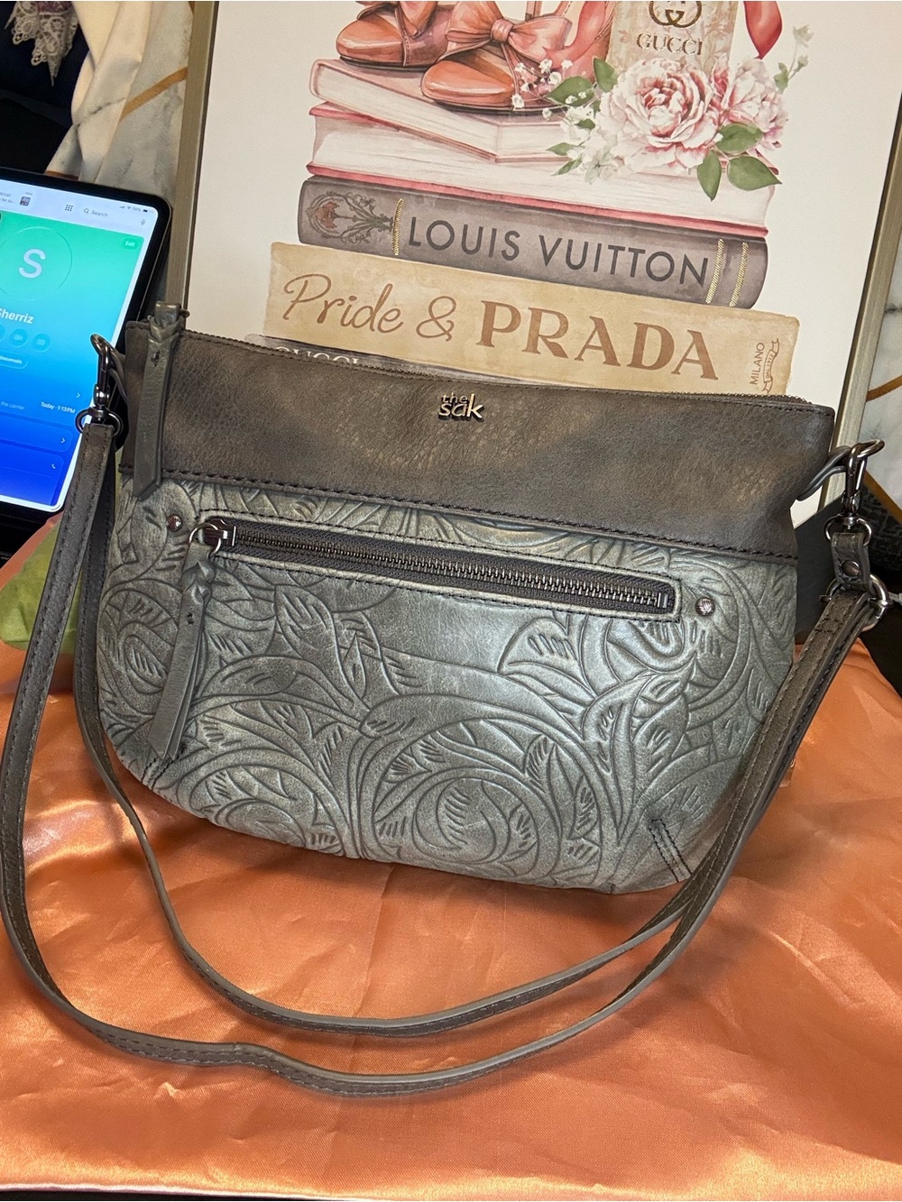 The Sak Embossed Leather Crossbody Bag Gray Floral Tooled Boho Shoulder Purse